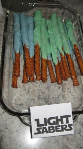 Lightsabers (White chocolate dipped pretzels)
